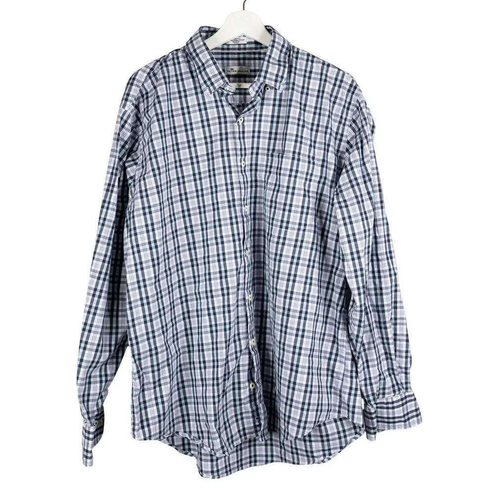 Peter Millar Button Down Mens XL Blue Plaid Excellent Stretch MF18W28NBL